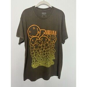 Nirvana Sz L Gray Ombré Smiley Face Pile T-Shirt Cotton Short Sleeve Grunge Flaw